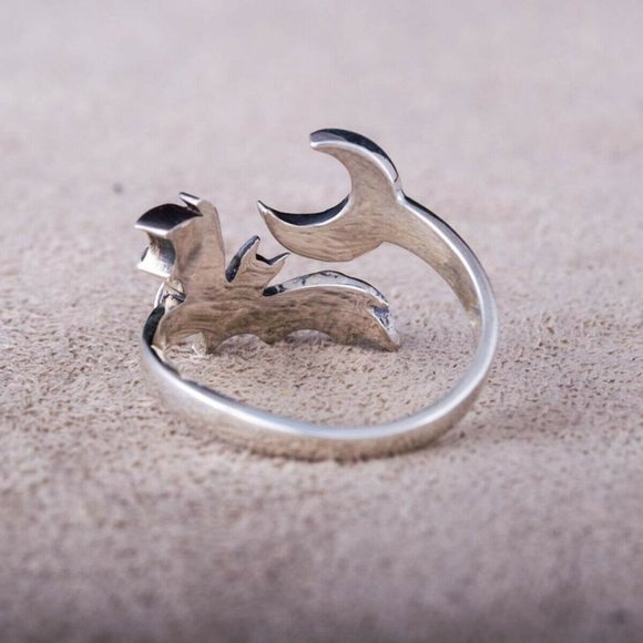 Bat & Crescent Moon Silver Adjustable Open Ring - Picture 8 of 8